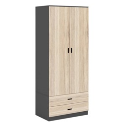 2-Door 2-Drawer Wardrobe with Storage Shelf, and Hanging Space - 180x75x46cm Black Black & Oak 1