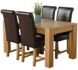 Kuba 150 x 85 cm Medium Oak Dining Table and 4 Washington Leather Chairs Brown Brown