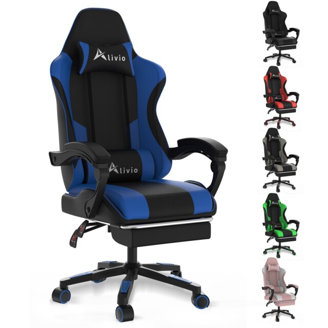 Alivio Ergonomic Gaming Chair with Massage Lumbar Cushion & Retractable Footrest, PU Leather Video Game Chair (Blue)