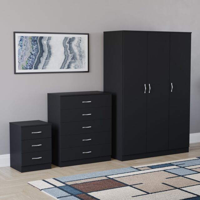 Vida Designs Riano 3 Piece Bedroom Set (3 Drawer Bedside Chest, 5 Drawer Chest, 3 Door Wardrobe) - Black