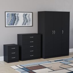 Vida Designs Riano 3 Piece Bedroom Set (3 Drawer Bedside Chest, 5 Drawer Chest, 3 Door Wardrobe) - Black
