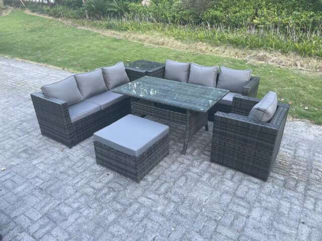Fimous 8 Seater Outdoor Lounge Sofa Garden Furniture Set Patio Chair Rattan Rectangular Dining Table with Side Table Big Footstool Dark Grey Mixed