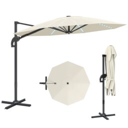 Outsunny 3m Cantilever Garden Parasol with Solar Powered Lights, Fibreglass Ribs, Crank Handle & Cross Base, UPF 50, 360 Rotation, Overhanging Patio Umbrella for Patio Market, Cream Cream Cream 360L x 294W x 250H cm