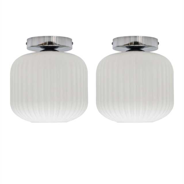 Set of 2 Bento - White Ribbed Glass Chrome Ceiling Light Fittings