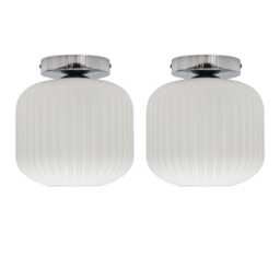 Set of 2 Bento - White Ribbed Glass Chrome Ceiling Light Fittings