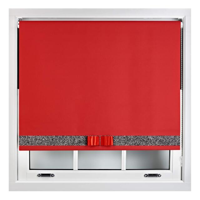 FURNISHED Blackout Roller Blind with Black Glitter Trim and Red Bow Trimmable Window Shade Red Red (W) 110cm x (L) 165cm