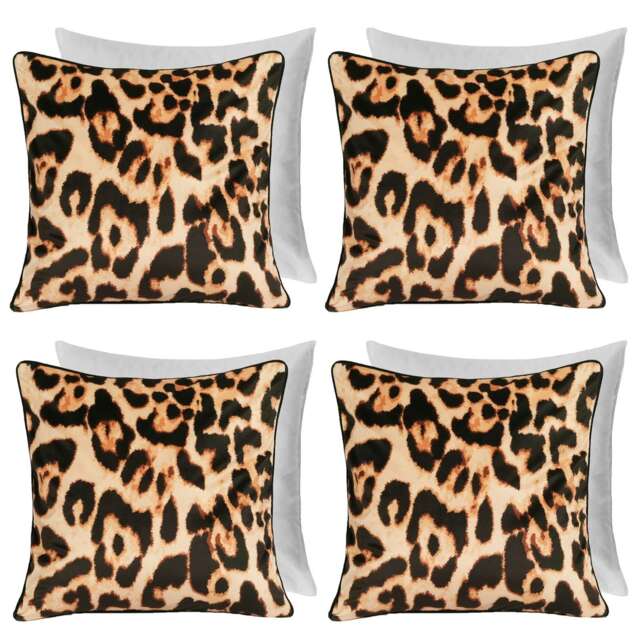 OHS 4 x Leopard Print Matte Velvet Filled Cushions, 45x45cm - Brown