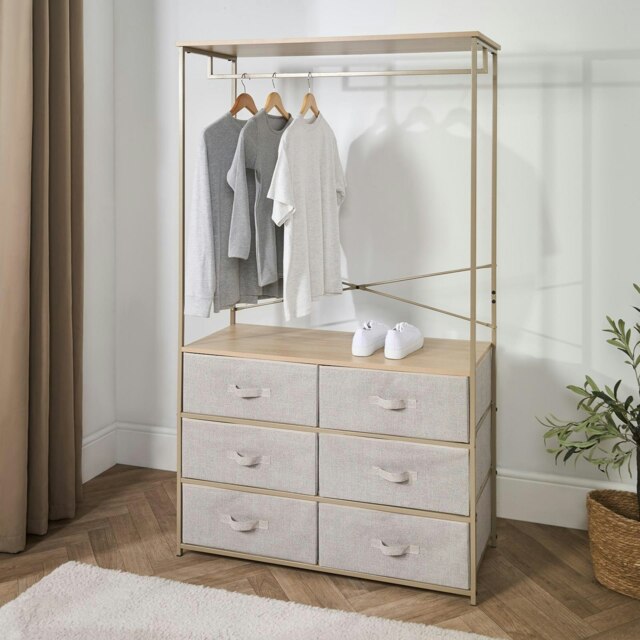 OHS Brooklyn 6 Drawer Home Storage Fabric Display Cabinet With Hanging Rail Brown Beige