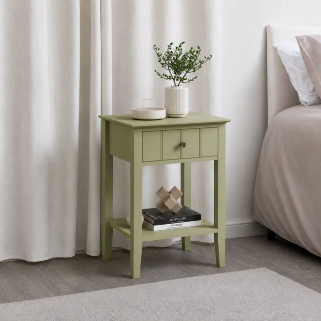 Sage Green One Drawer Bedside Table With Shelf - Padstowe Sage Green Range