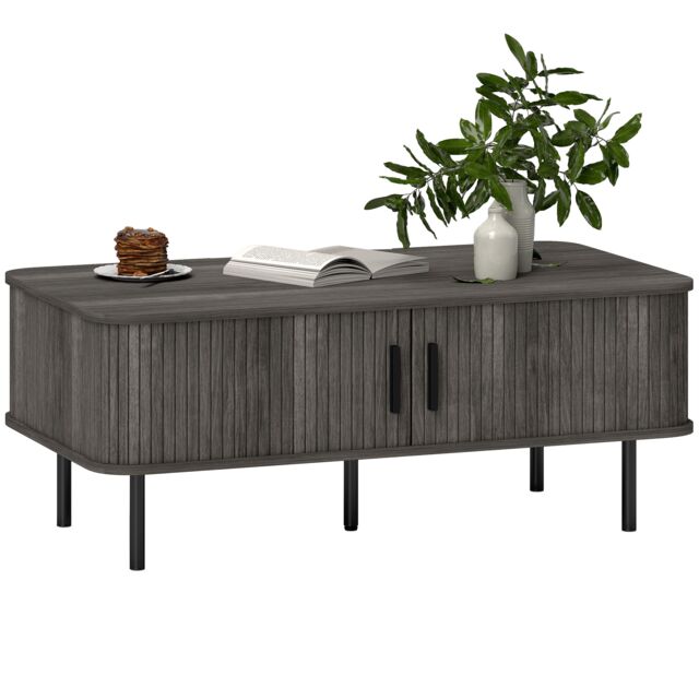HOMCOM Coffee Table with Storage and Sliding Doors for Living Room, Grey Grey Grey 1
