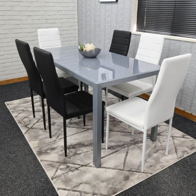 Modern Rectangle Grey Glass Dining Table Set With 6 Mix Metal Chairs Dining Room Furniture