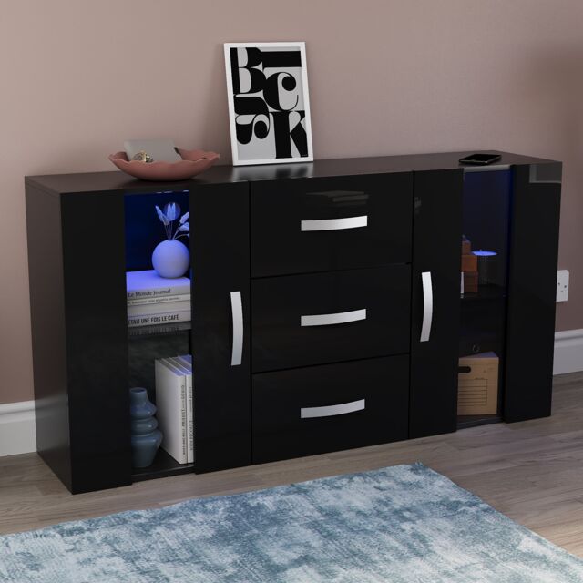 Vida Designs Astro 2 Door 3 Drawer LED Sideboard Buffet Cabinet Storage, Black Black 1