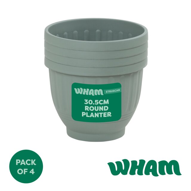 Wham Etruscan 4 x 30.5cm Round Plastic Garden Planters Green Milieu Green