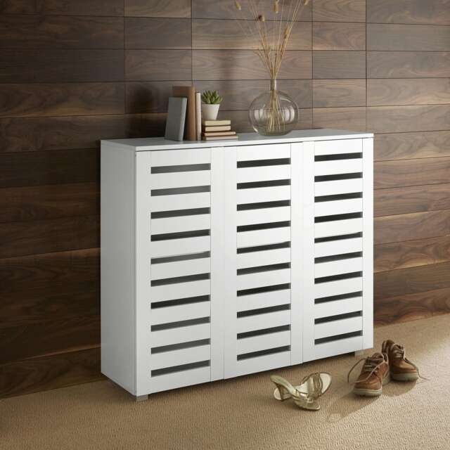 Oslo 3 Door Wooden Shoe Storage Cabinet Rack Stand Cupboard Slatted Doors White