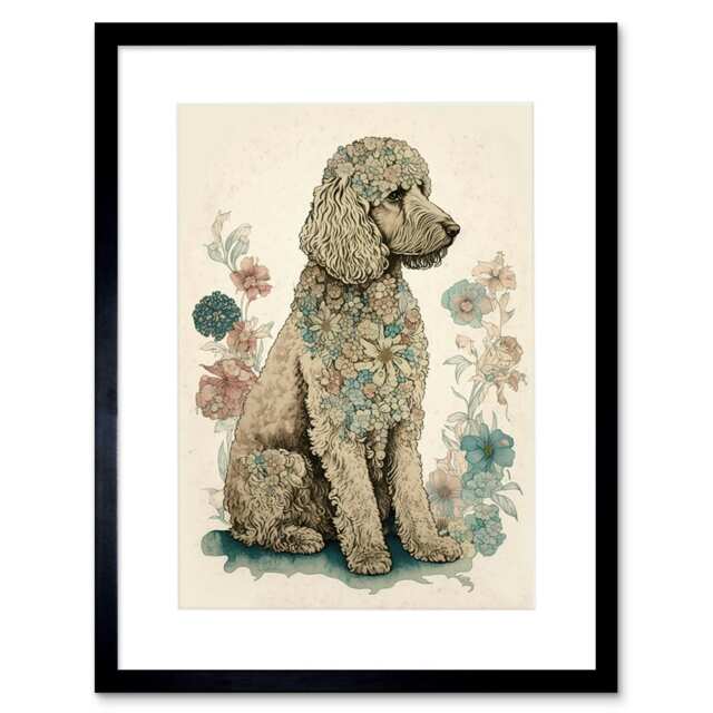 "Poodle Dog Flower Fur Coat Modern Boho Watercolour 9x7"" Black Framed Wall Art Print"