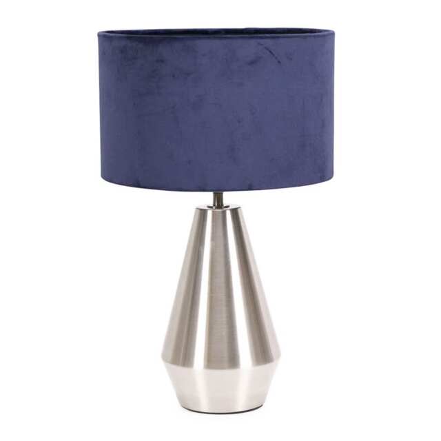 ValueLights Jax Brushed Chrome Touch Table Lamp Navy Blue Velvet Shade