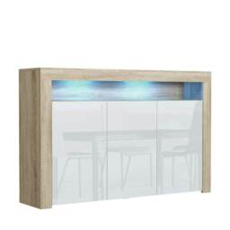 Sideboard 155cm White Gloss Doors Oak Matt Body Free LED Shelf Multi Oak