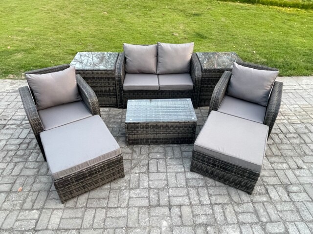 Fimous 6 Seater Outdoor Lounge Sofa Set Rattan Garden Furniture Set with Rectangular Coffee Table 2 Big Footstool 2 Side Tables Dark Grey Mixed