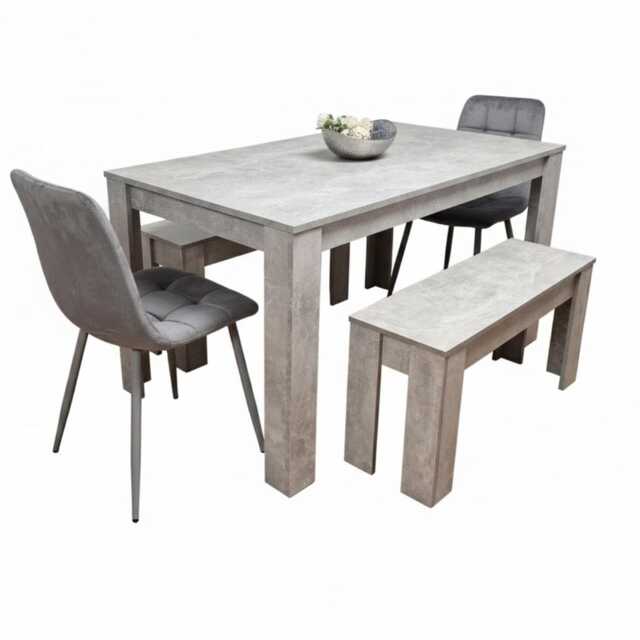 Dining Table Set with 2 Grey Velvet Chairs and 2 Stone Grey Benches
