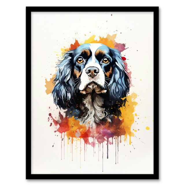 King Charles Spaniel Lovers Gift Watercolour Black Framed Wall Art Print A4