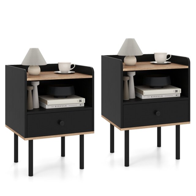 COSTWAY 2 Pcs Nightstand Bedside Table with Drawer Open Storage Shelf Black