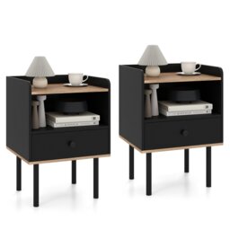COSTWAY 2 Pcs Nightstand Bedside Table with Drawer Open Storage Shelf Black