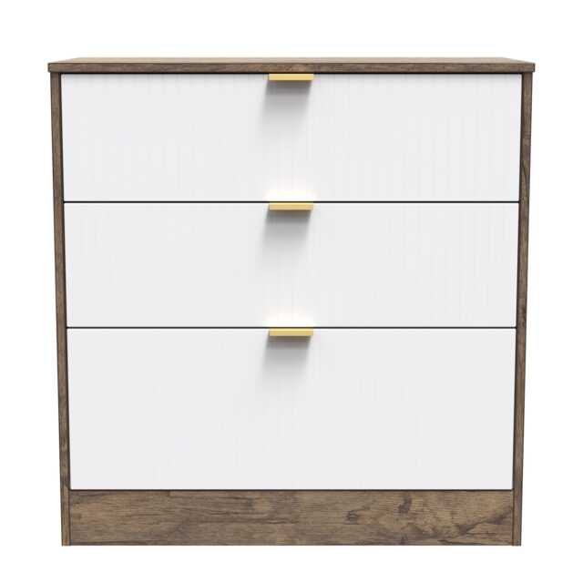 Denver 3 Drawer Deep Chest of Drawers in White Matt & Vintage Oak (Ready Assembled) White White Matt & Vintage Oak