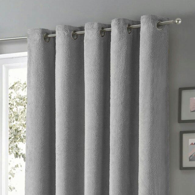 Velosso Teddy Fleece Readymade Eyelet Curtains - 168cm x 137cm Grey Silver