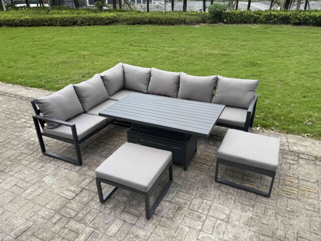 Fimous Aluminium Garden Furniture Sets,8 Seater Outdoor Conversational Dining Set with Adjustable Rising Lifting Dining Table,2 Big Footstools Dark Grey