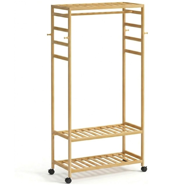 Wooden Clothes Rack Portable Open Wardrobe with Shoe Storage Brown One Size