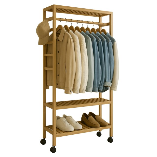 Wooden Clothes Rack Portable Open Wardrobe with Shoe Storage Brown One Size