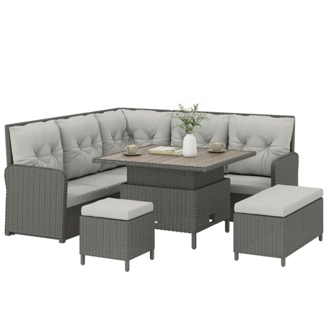 Outsunny 6 PCs Rattan Garden Furniture Sectional Corner Sofa, Dark Grey Grey Dark Grey Five Plus Seater