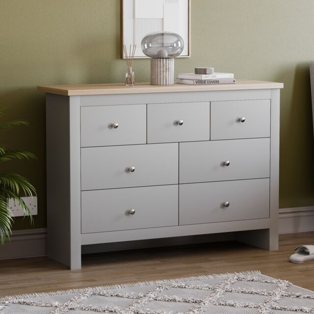 Vida Designs Arlington 7 Drawer Chest of Drawers Shaker Bedroom Storage, Grey & Oak