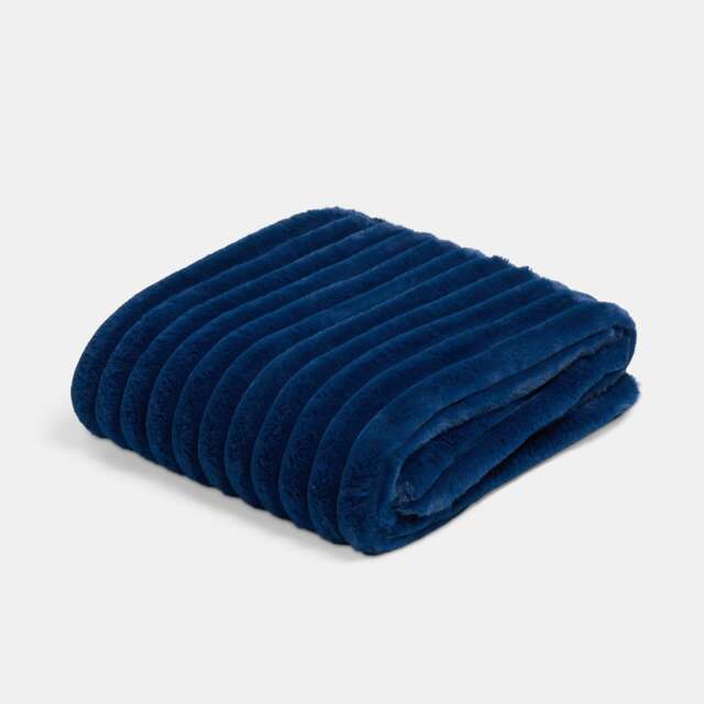 OHS Faux Fur Ribbed Fleece Throw Over Bed Blanket Winter Warm Supersoft - 125 x 150cm Blue Navy