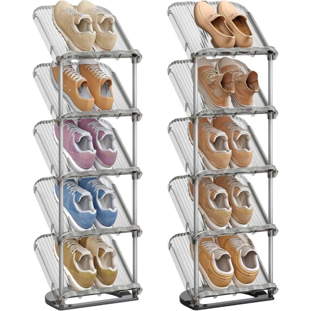 Set of 2 Slim Sloping Shoe Racks, Customisable 5 Tier Plastic Shoe Storage Organisers, Grey