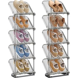 Set of 2 Slim Sloping Shoe Racks, Customisable 5 Tier Plastic Shoe Storage Organisers, Grey