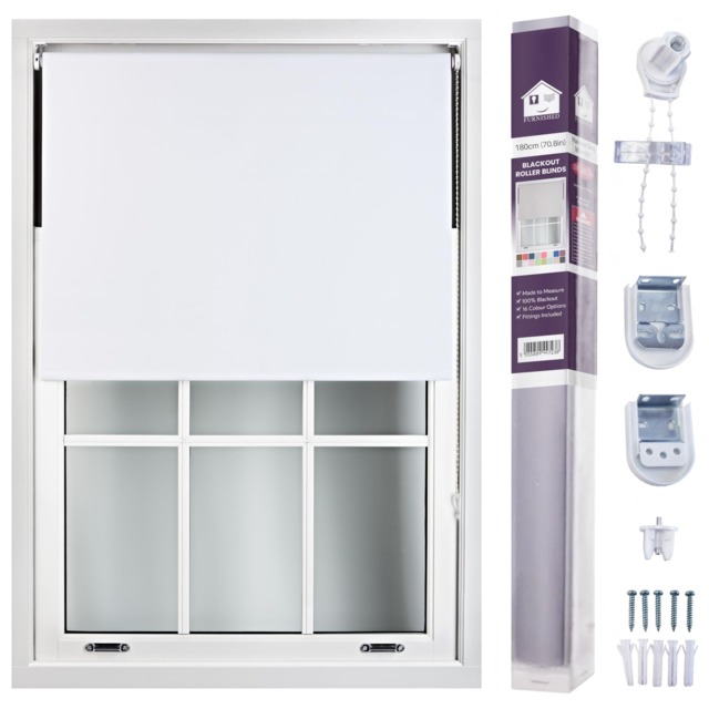 FURNISHED Made to Measure Blackout Blinds Easy Fit UV Protection Insulated Window Shade (W)180cm x (L)210cm White White (W) 180cm x (L) 210cm