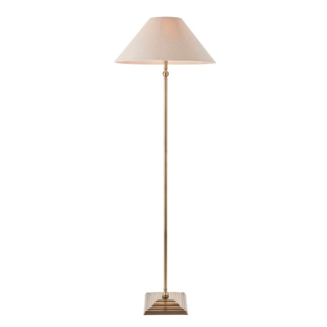 Lille Floor Lamp with Tapered Shade Antique Brass Plate & Natural Faux Linen B22