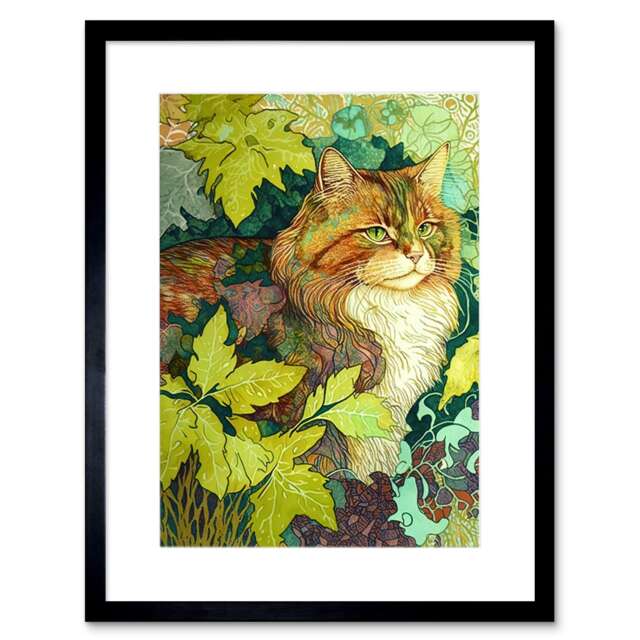 "Ginger Cat Hiding Bush Tree Modern Colourful 9x7"" Black Framed Wall Art Print"