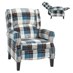 HOMCOM Wingback Reclining Armchair for Living Room, Pushback Recliner Chair with Footrest, Round Armrests and Rubber Wood Legs, Blue