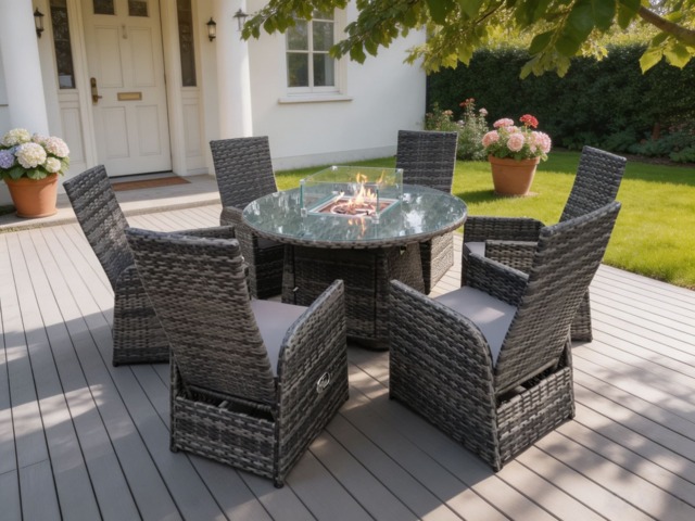 Rattan Outdoor Garden Furniture Gas Fire Pit Dining Table Gas Heater Burner Reclining Table And Chair Sets 6 Seater Plus Round Table