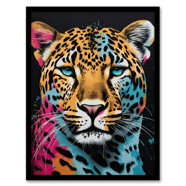Leopard Big Cat Head Pop Art Pink Black Framed Wall Art Print A4