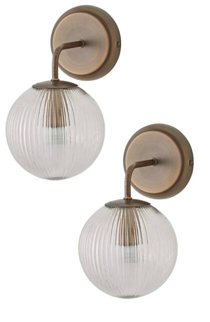 ValueLights Kempton Pair Brass Wall Lights Ribbed Globe Shade Bronze