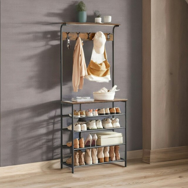 Industrial Rustic Hallway Tree Coat Stand With 5 Tier Shoe Rack Multi One Size