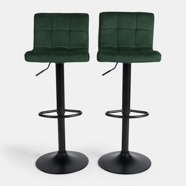 OHS 2 x Velvet Swivel Height Adjustable Counter Bar Stools - Forest Green