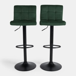 OHS 2 x Velvet Swivel Height Adjustable Counter Bar Stools - Forest Green
