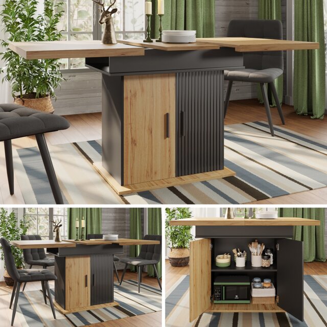 VILUXE 110-140 cm Extendable Dining Table with Double-Sided Extension, Integrated Storage and Adjustable Shelves, Black and Natural