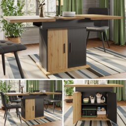 VILUXE 110-140 cm Extendable Dining Table with Double-Sided Extension, Integrated Storage and Adjustable Shelves, Black and Natural