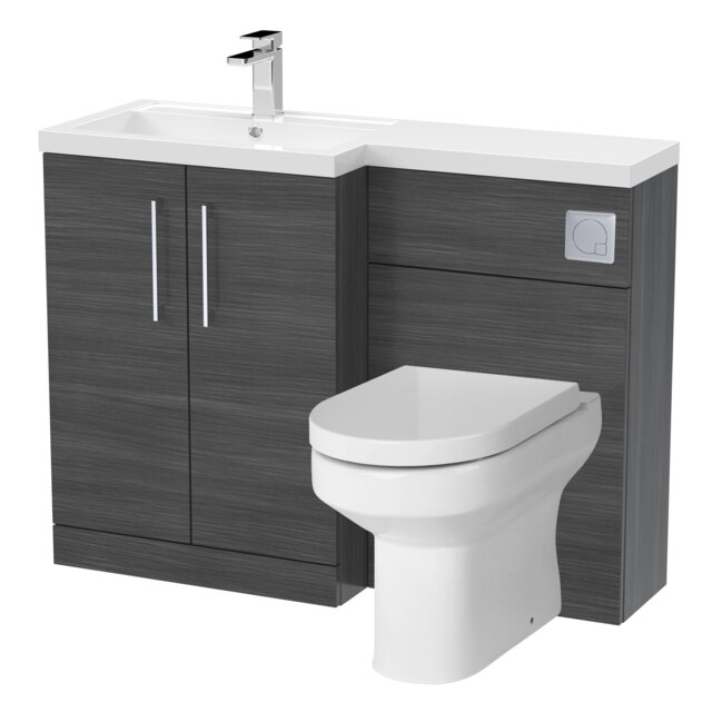 Level Bathroom Bundle Floor Standing Vanity Basin and WC Unit with Pan, Seat and Cistern - Left Hand - Anthracite Woodgrain Grey