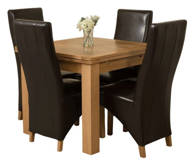 Richmond 90-150cm Square Oak Extending Dining Table & 4 Lola Leather Chairs Brown Brown